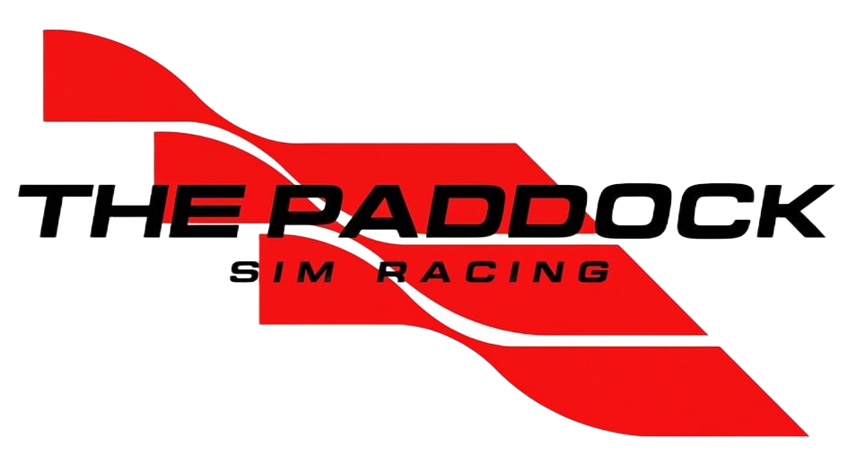 The Paddock Sims logo in red with stylized track lines above the text