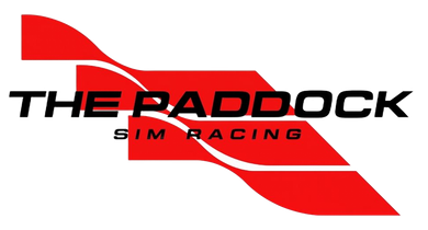 The Paddock Sims logo in red with stylized track lines above the text