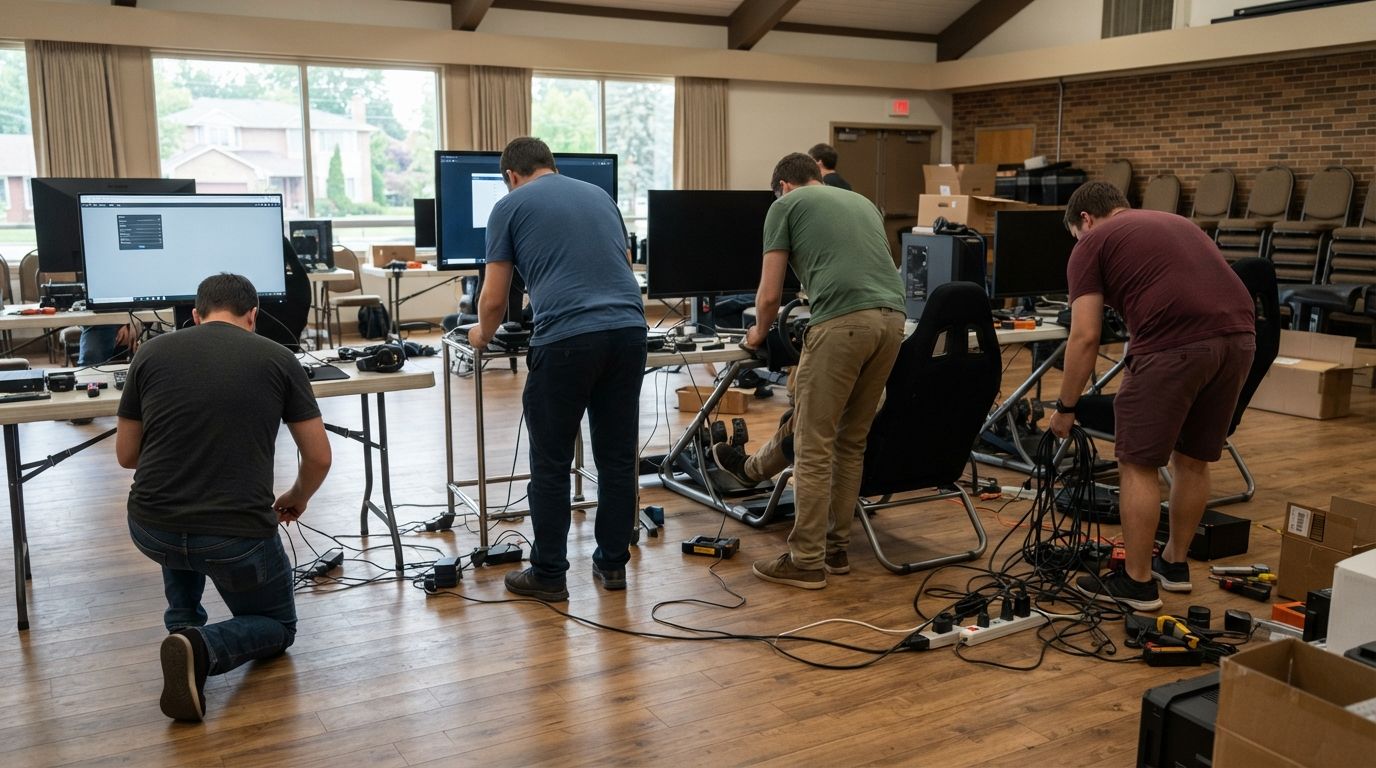 Five people assembling audio/video gear in a bright room with cables, stands, and laptops