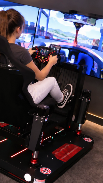 Person using a racing simulator with three curved screens and a steering wheel, viewed from behind