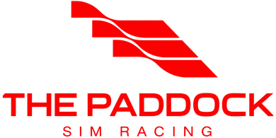 The Paddock Sims logo in red with stylized track lines above the text