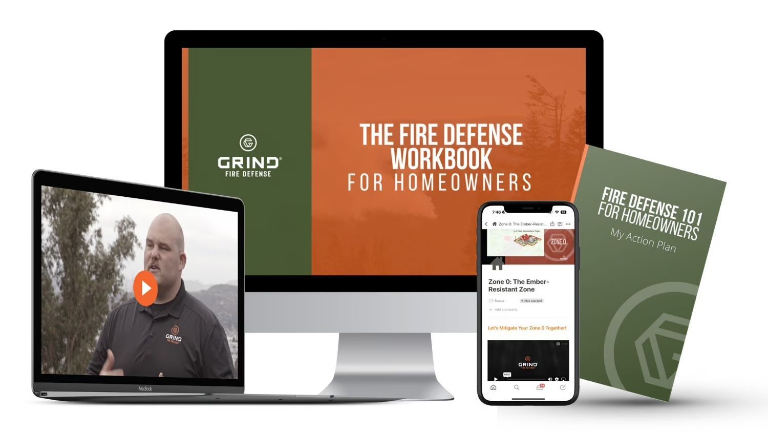 A man on laptop screen, workbook and phone display fire defense for homeowners. Green and orange colors.