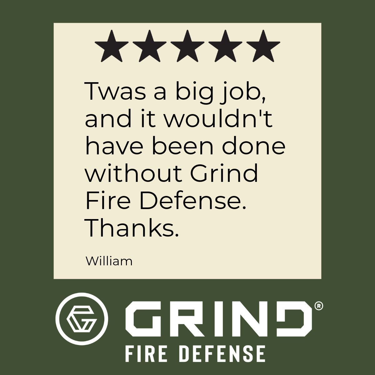 Customer review for Grind Fire Defense: 5-star rating, text praising their work, and company logo.