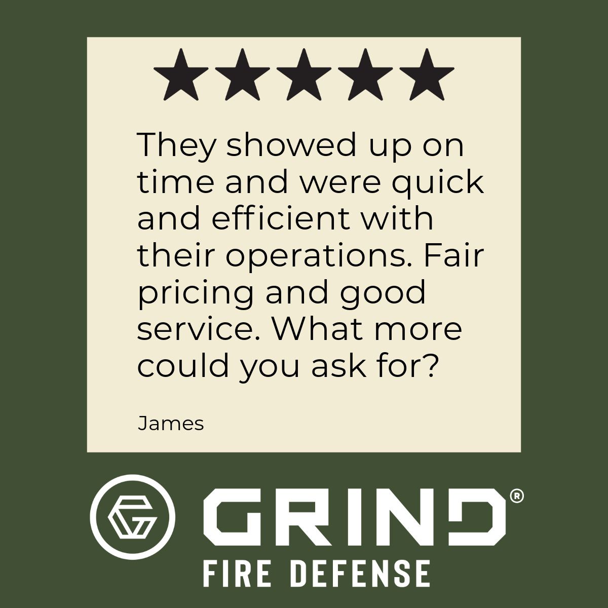 A customer review with five stars for Grind Fire Defense: 