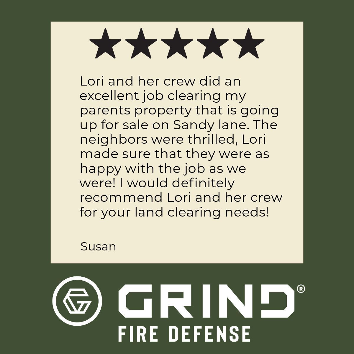 Testimonial for land clearing services, from Susan. Featuring Lori and crew, with a five-star rating. The company logo is 