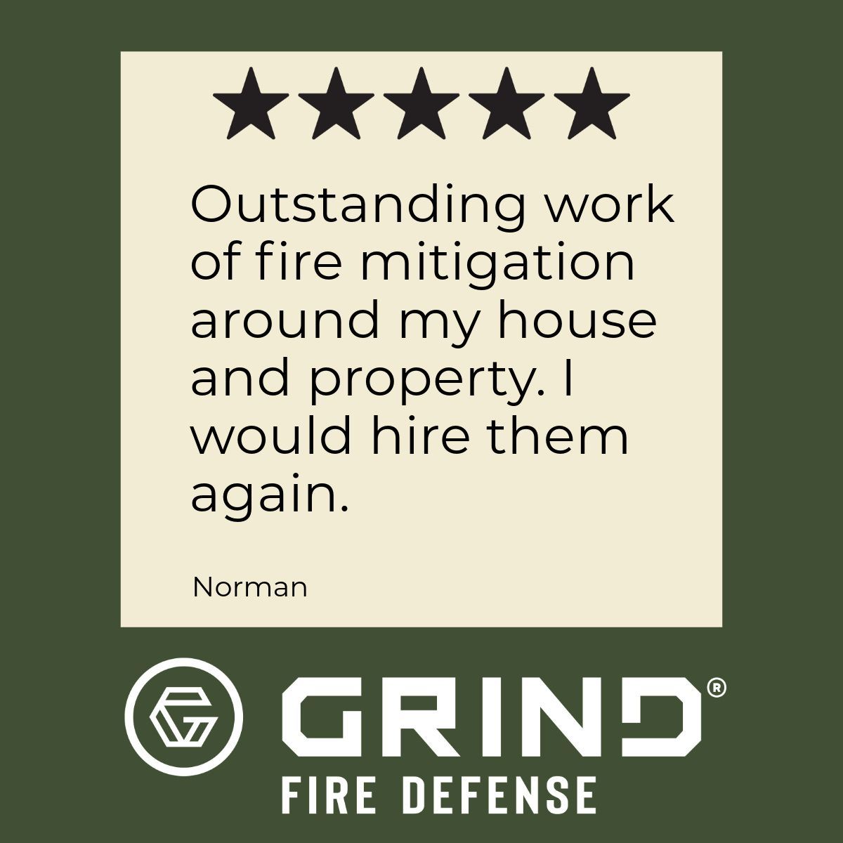 Testimonial: Five-star review for Grind Fire Defense. 