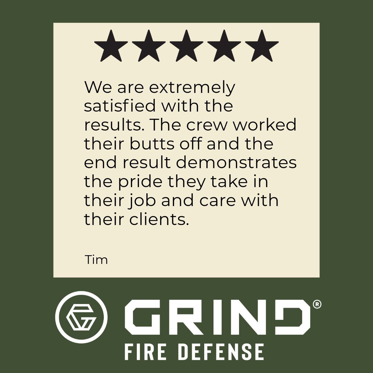 Customer testimonial for Grind Fire Defense: text with 5 stars, 