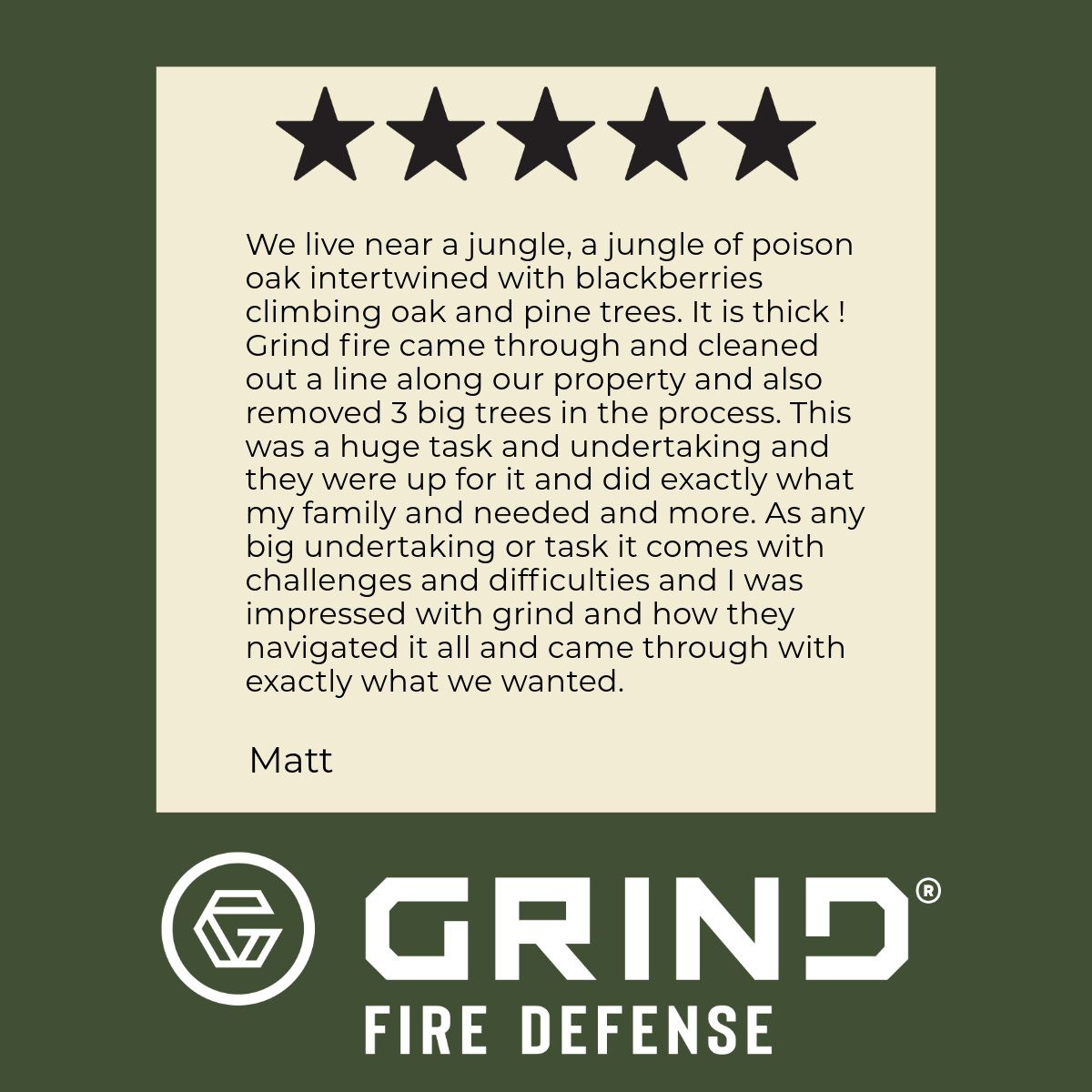 Customer review for Grind Fire Defense: 5-star rating, text about clearing a jungle, Grind Fire Defense logo.
