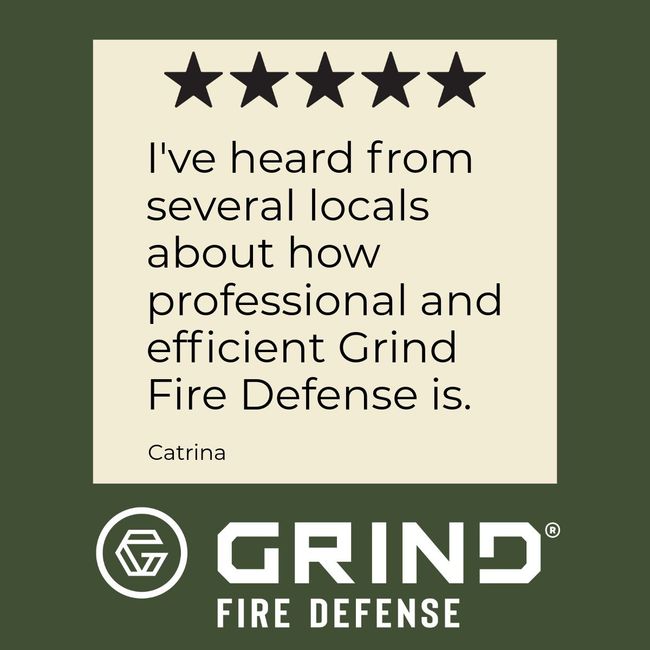 Customer testimonial with five stars praising Grind Fire Defense for professionalism and efficiency.