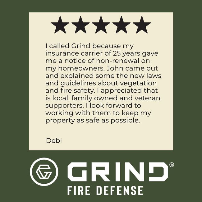 Testimonial from Debi, 5-star review, stating Grind Fire Defense helped her with homeowner insurance non-renewal, explaining new fire safety laws.
