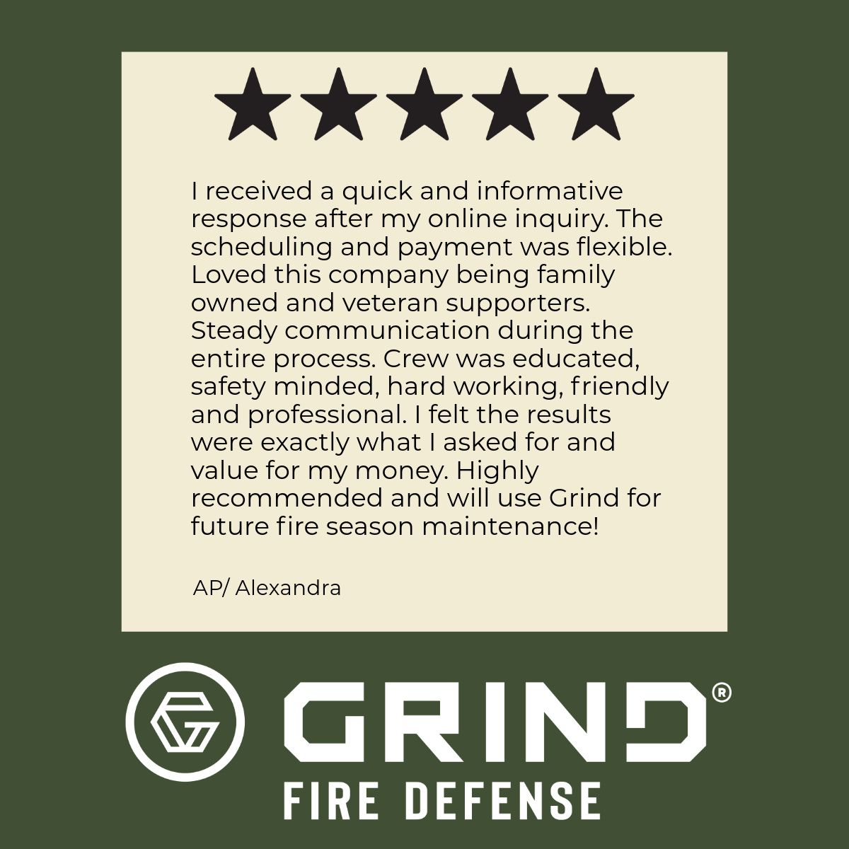 Customer review for Grind Fire Defense: 5-star rating, praising quick responses, flexibility, and professionalism.