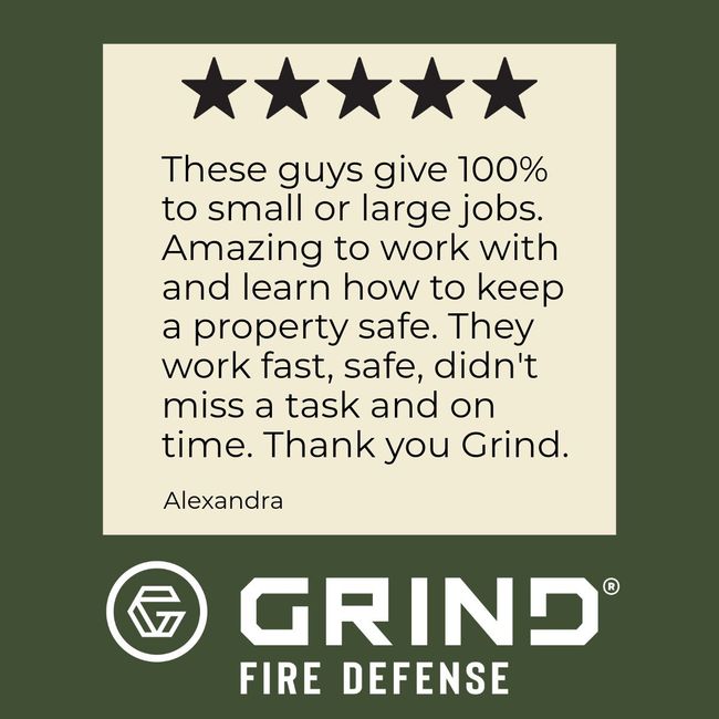 Customer testimonial for Grind Fire Defense: five stars, positive review, and logo.