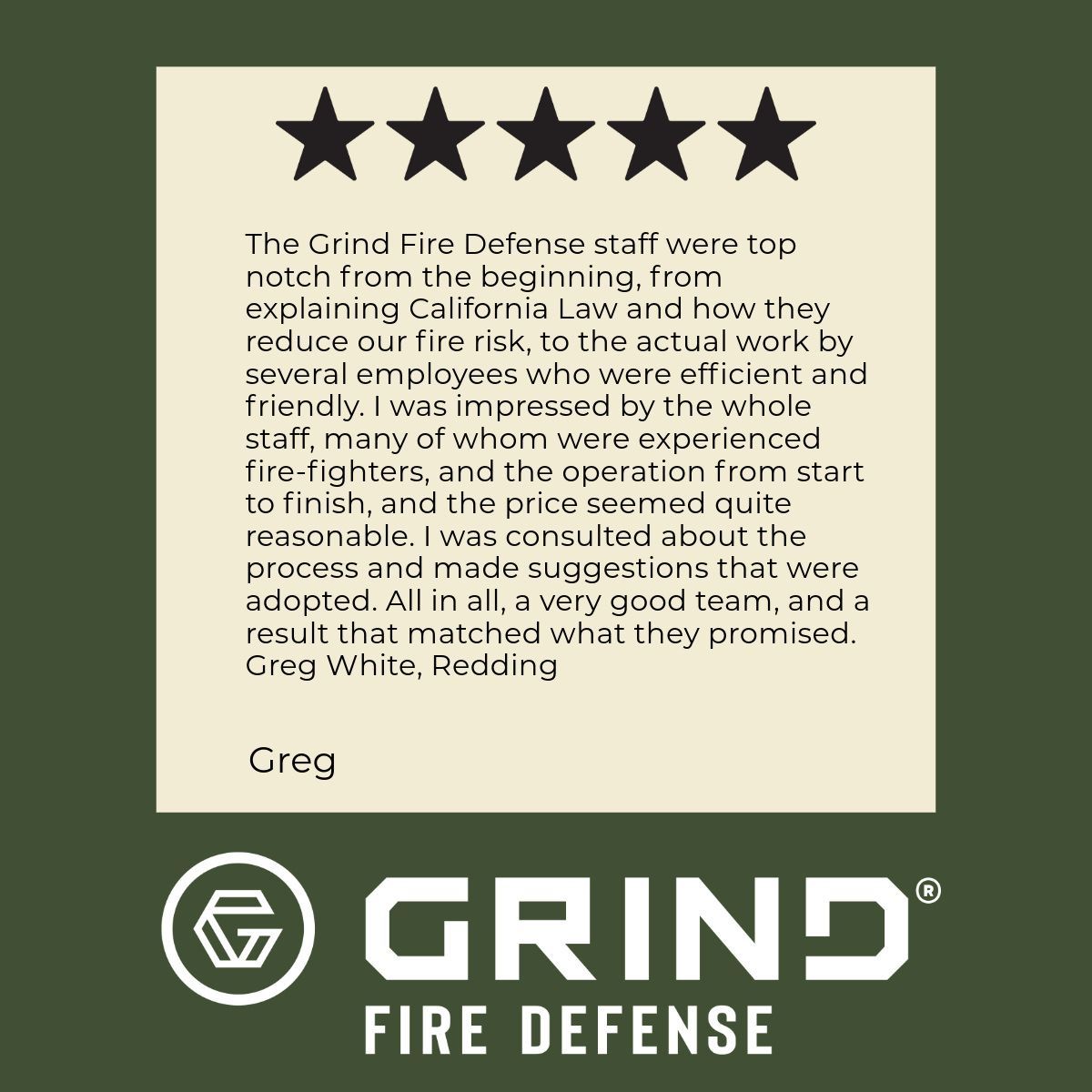 Testimonial for Grind Fire Defense: 5-star review, text from Greg White, and Grind Fire Defense logo.