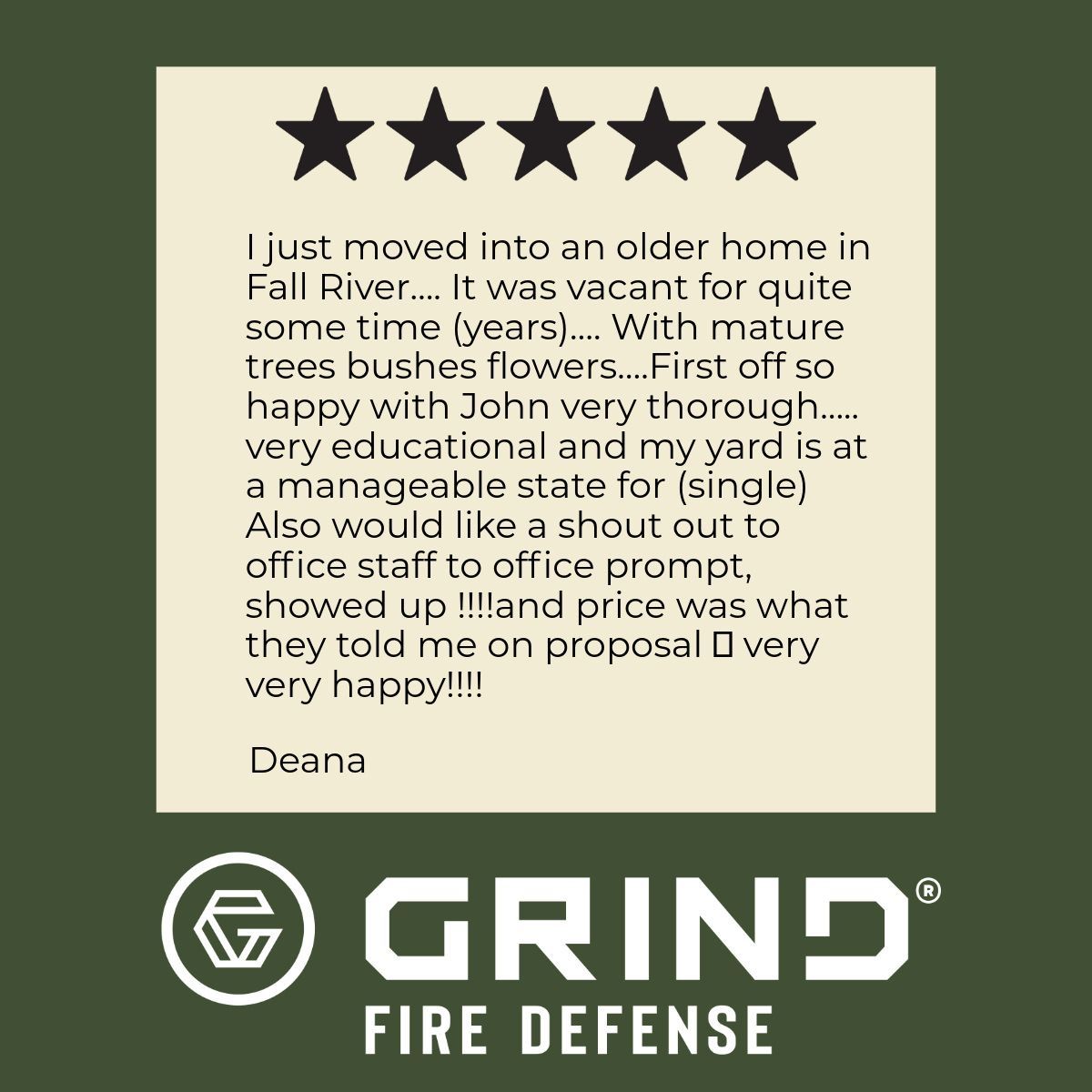 Customer review for Grind Fire Defense with 5 stars: 