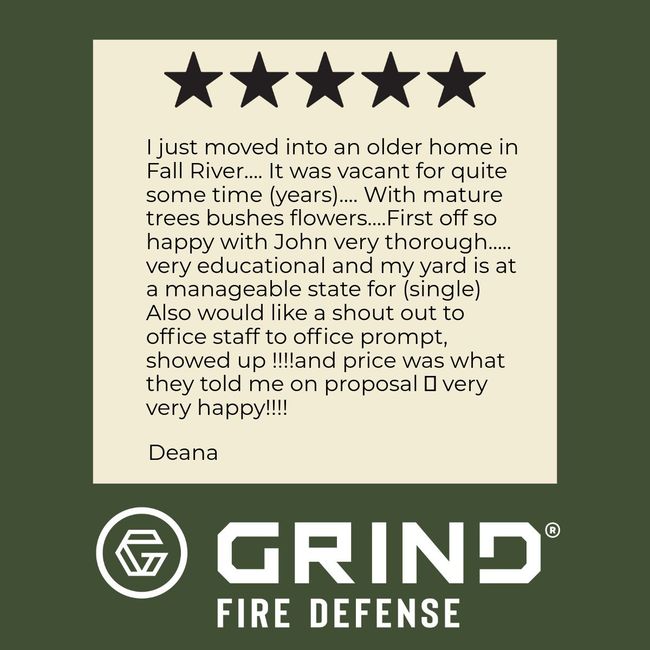 Customer testimonial with 5-star rating for Grind Fire Defense, praising John's thoroughness and office staff.