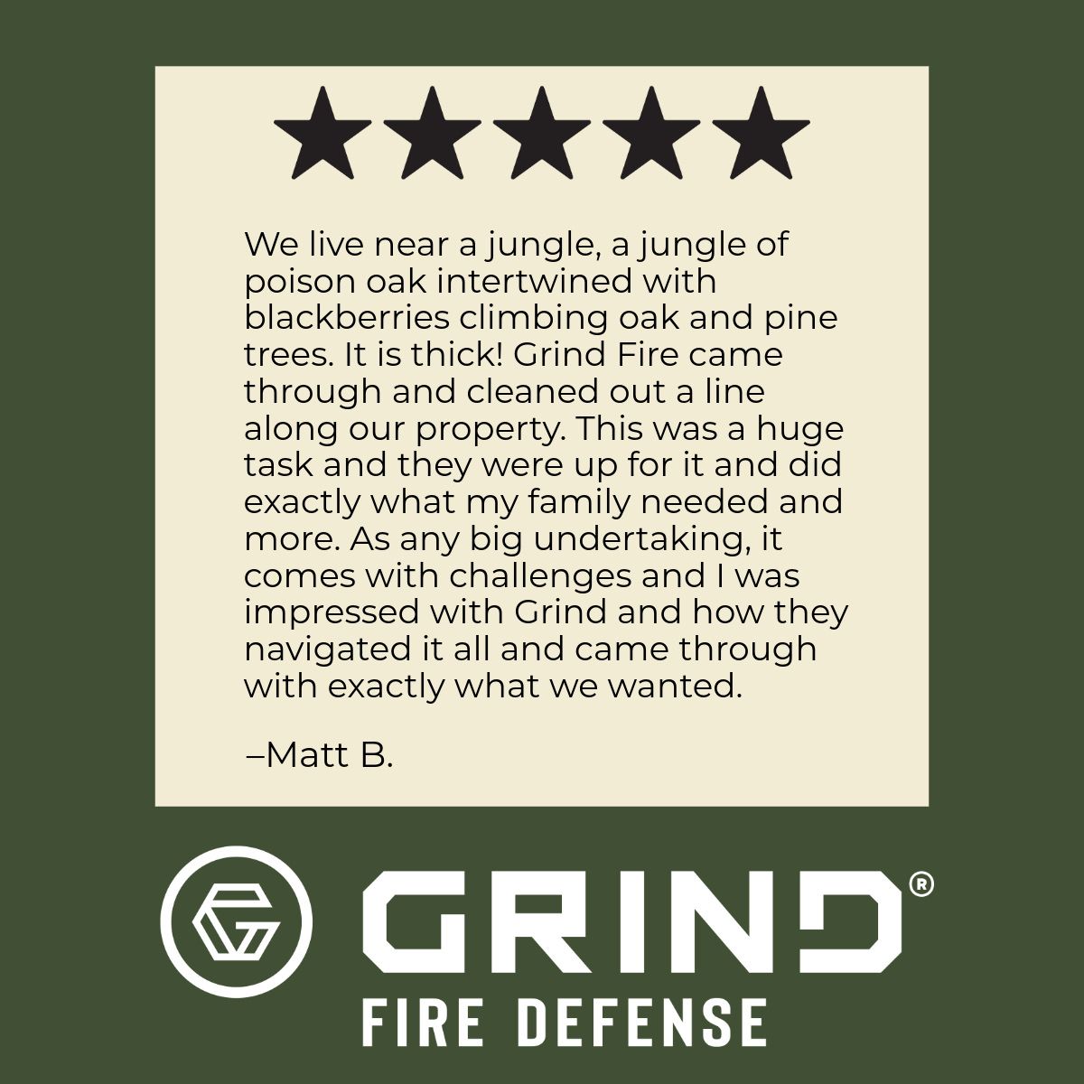 Testimonial for Grind Fire Defense: a 5-star review, text on beige square, dark green background. Logo at bottom.