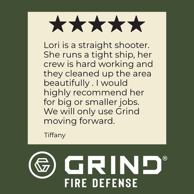 Customer review for Grind Fire Defense, praising Lori's work and cleanup. Five-star rating, Tiffany's name, and logo.