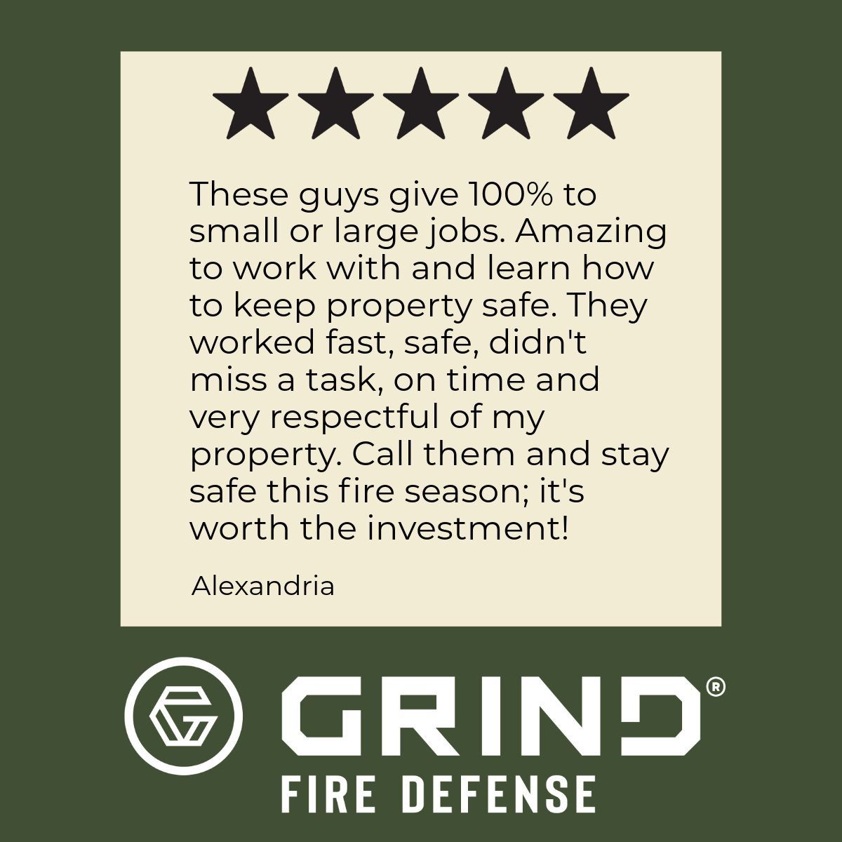 Testimonial for Grind Fire Defense with five stars and logo.