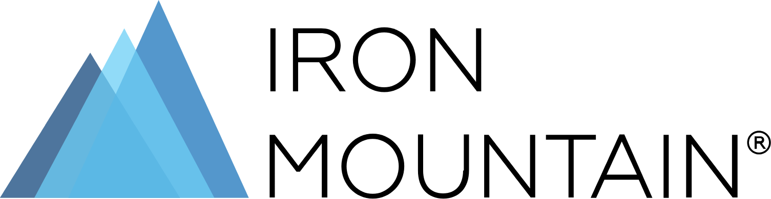 Iron Mountain logo with blue mountain shapes and text.