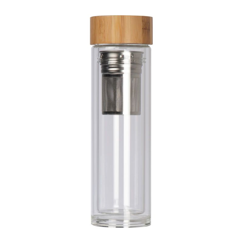 Glass bottle with bamboo 420ml – φιάλη με φίλτρο και εκτύπωση λογοτύπου
