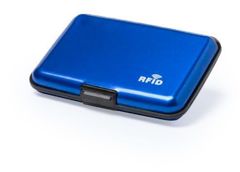 Ένα μπλε πορτοφόλι με τη λέξη rfid πάνω του