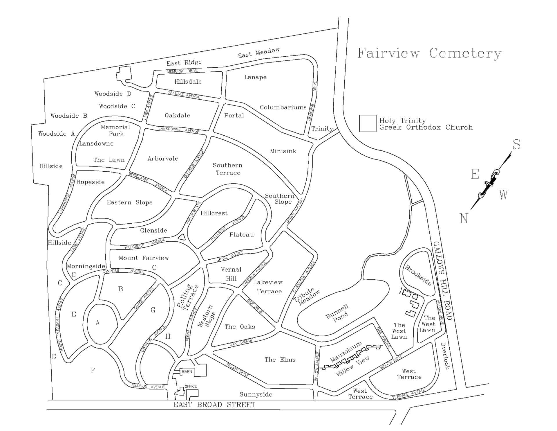 A black and white map of a cemetery.