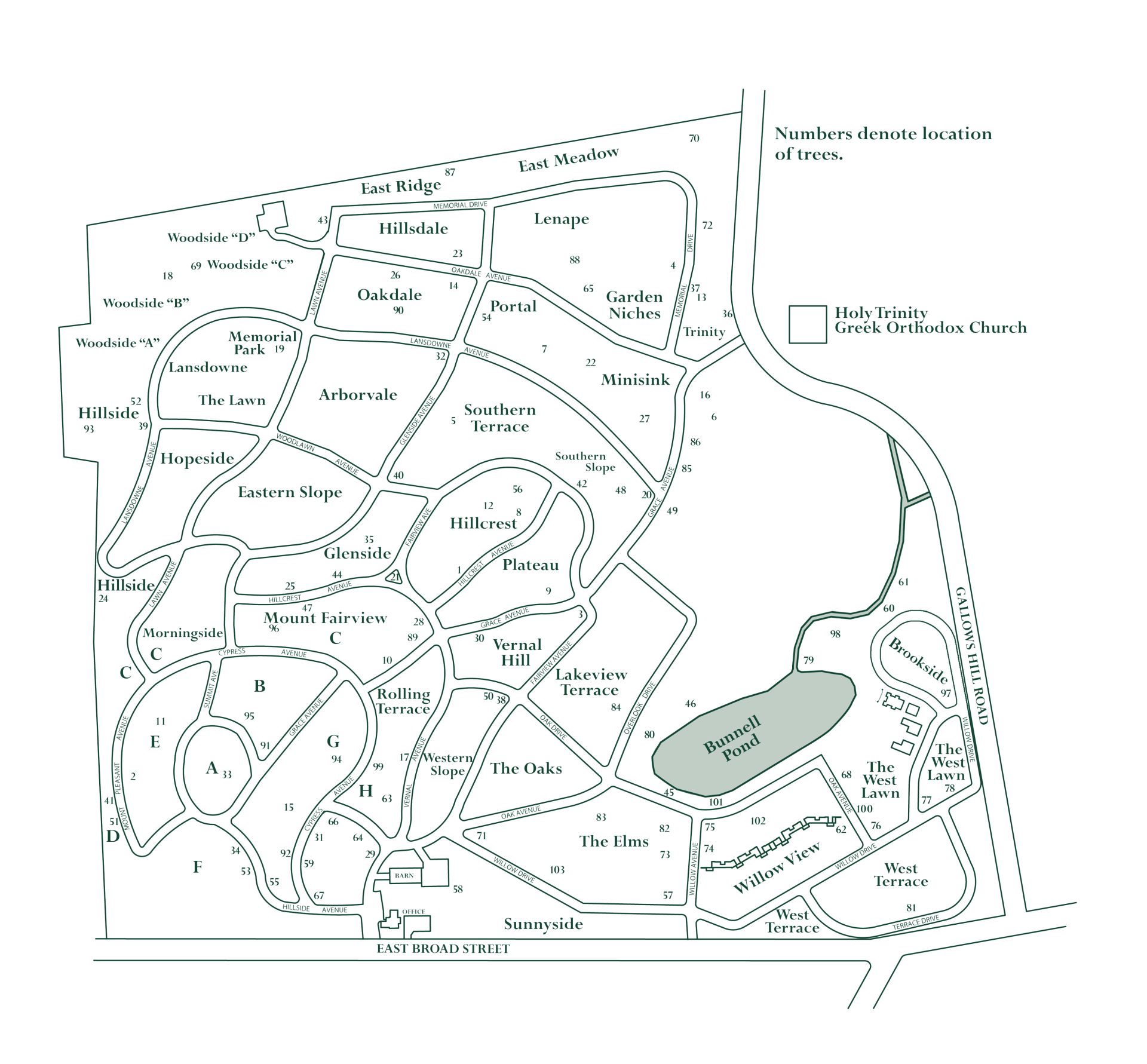A black and white map of a park with a pond in the middle