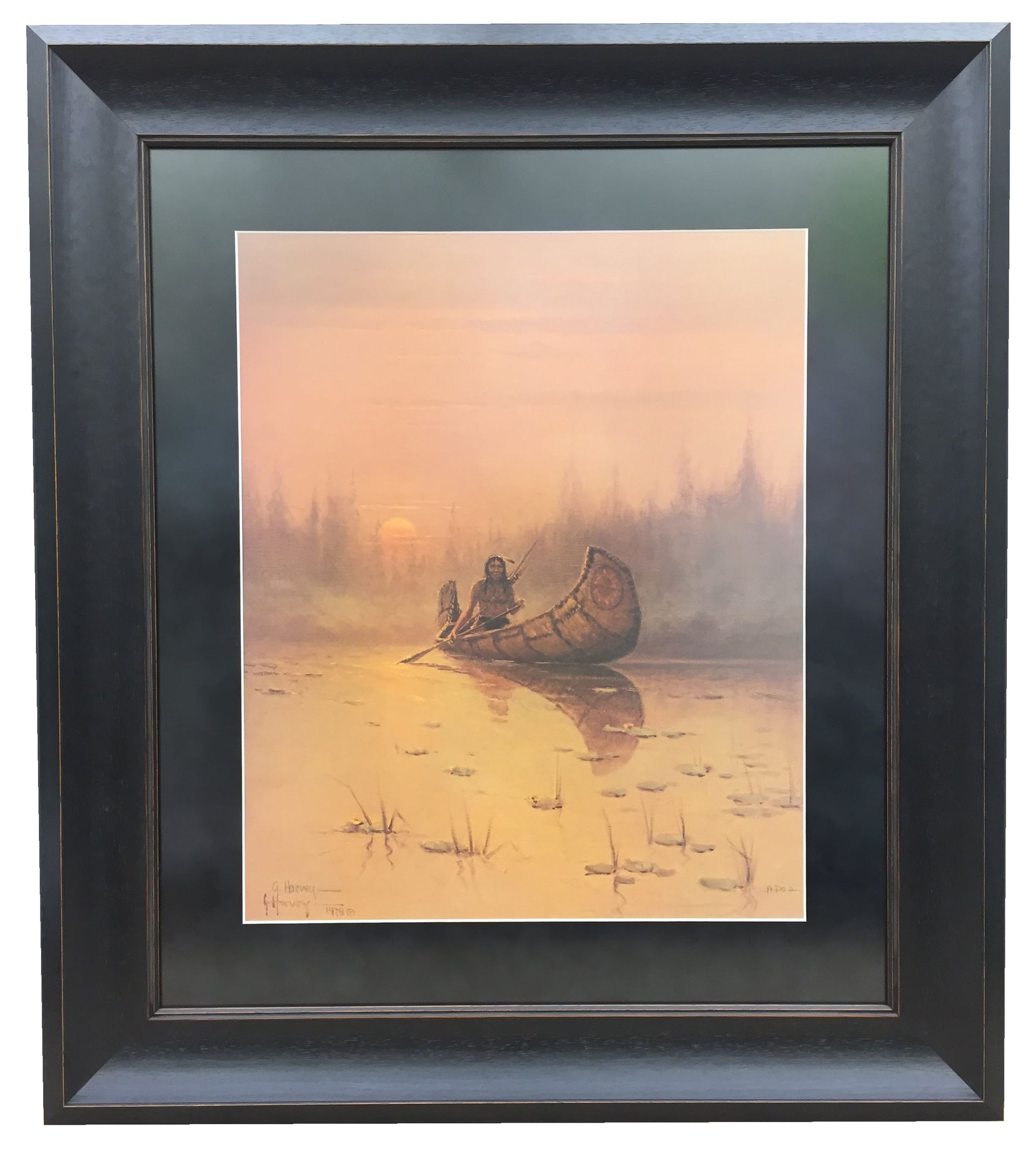 Framed artwork: figures in a canoe on a misty lake at sunset. Forest in the background, warm colors dominate.
