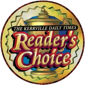 Kerrville Daily Times Reader's Choice award logo: gold trophy with blue accents and red