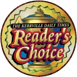 Kerrville Daily Times Reader's Choice award logo: gold trophy with blue accents and red 