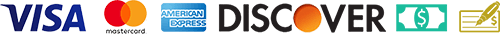 Logos of Visa, Mastercard, American Express, Discover, and a generic card.