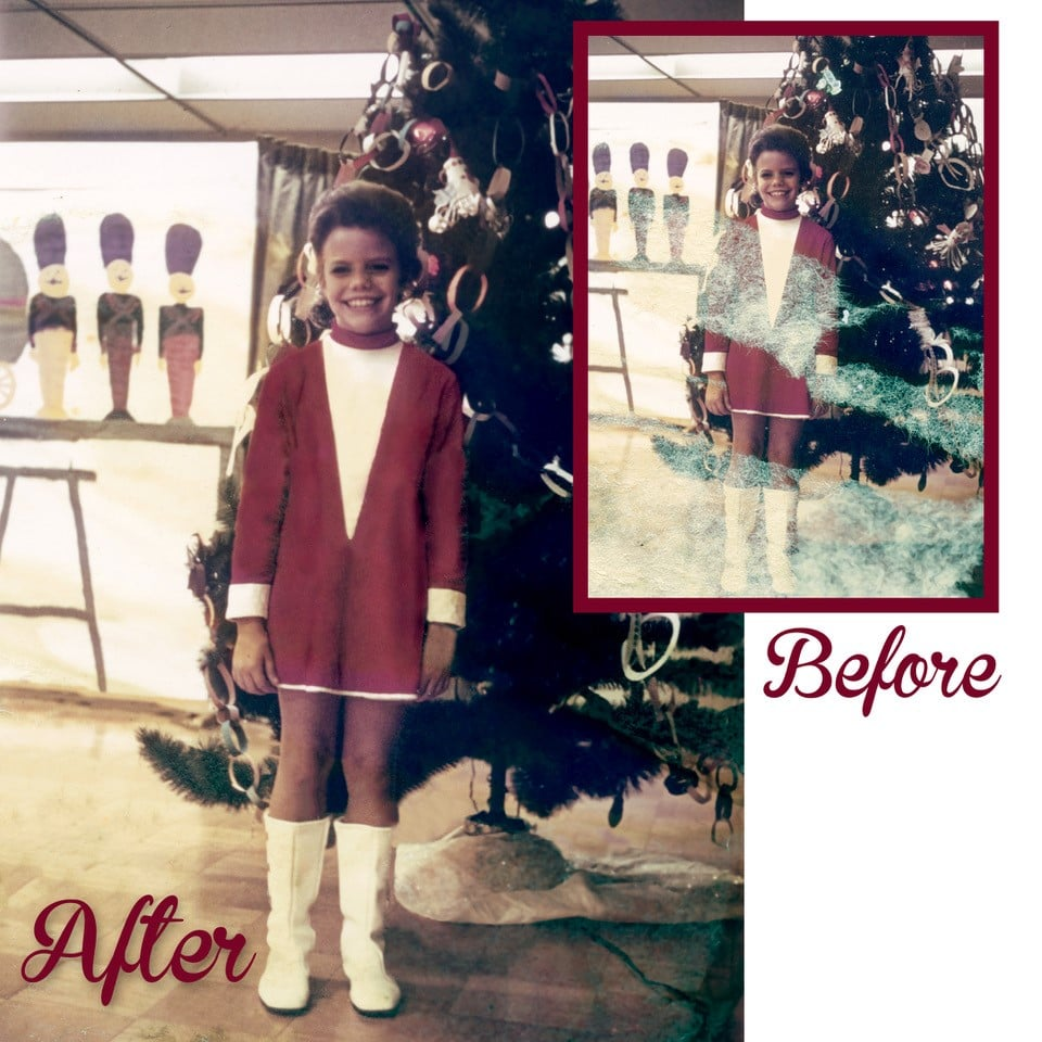 Girl in red outfit and boots stands by Christmas tree, before and after restoration.