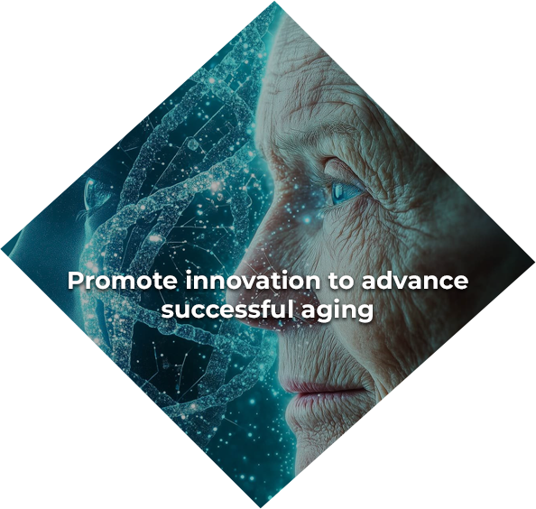 Diamond with elderly person profile next to a glowing DNA strand; text: 