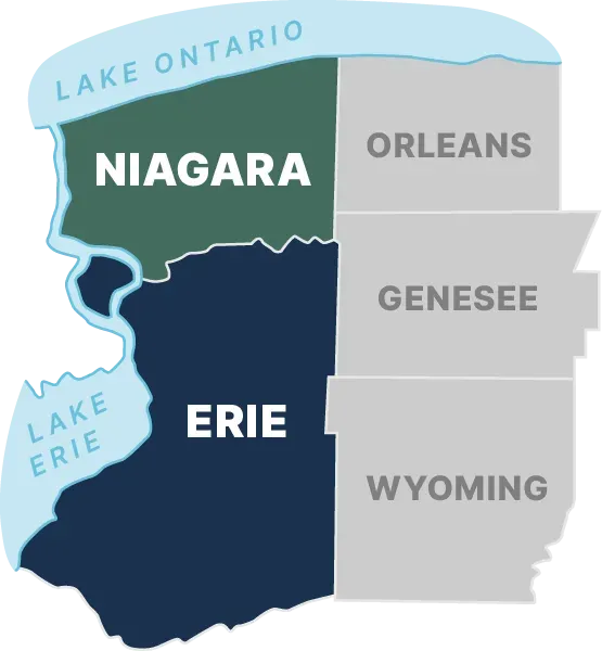 Map of western New York counties: Niagara (green), Erie (blue), bordering Lakes Ontario and Erie.