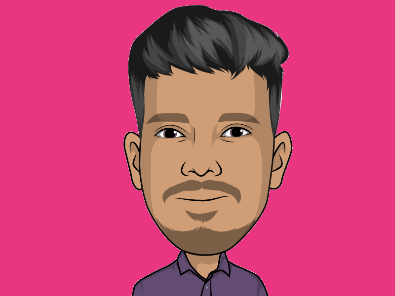 Cartoon-style avatar with short dark hair and a beard on a bright pink background