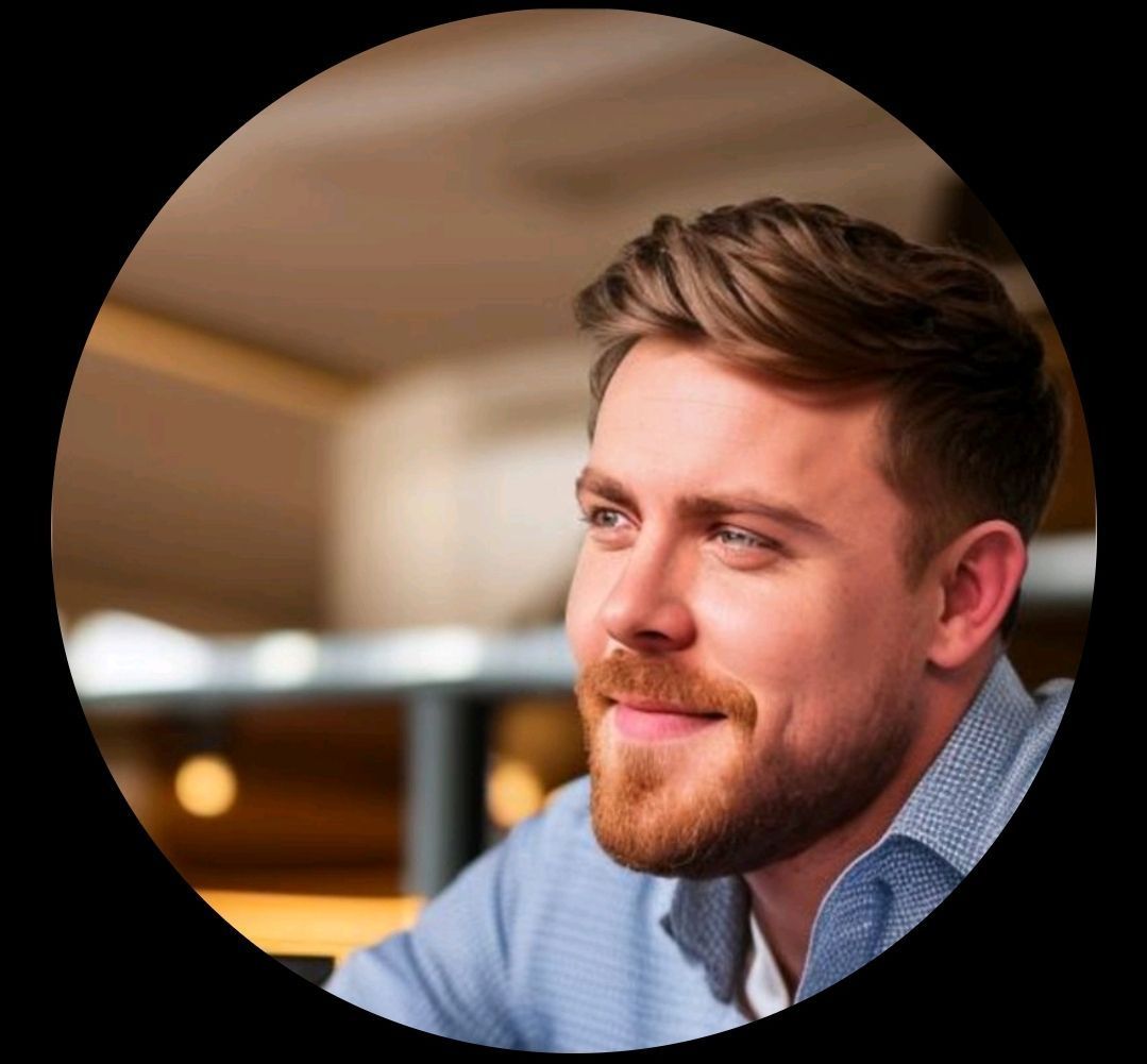 A man with a beard is smiling in a circle