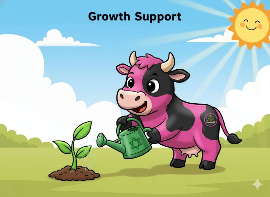 Pink cow watering a young plant with a watering can under a smiling sun; 