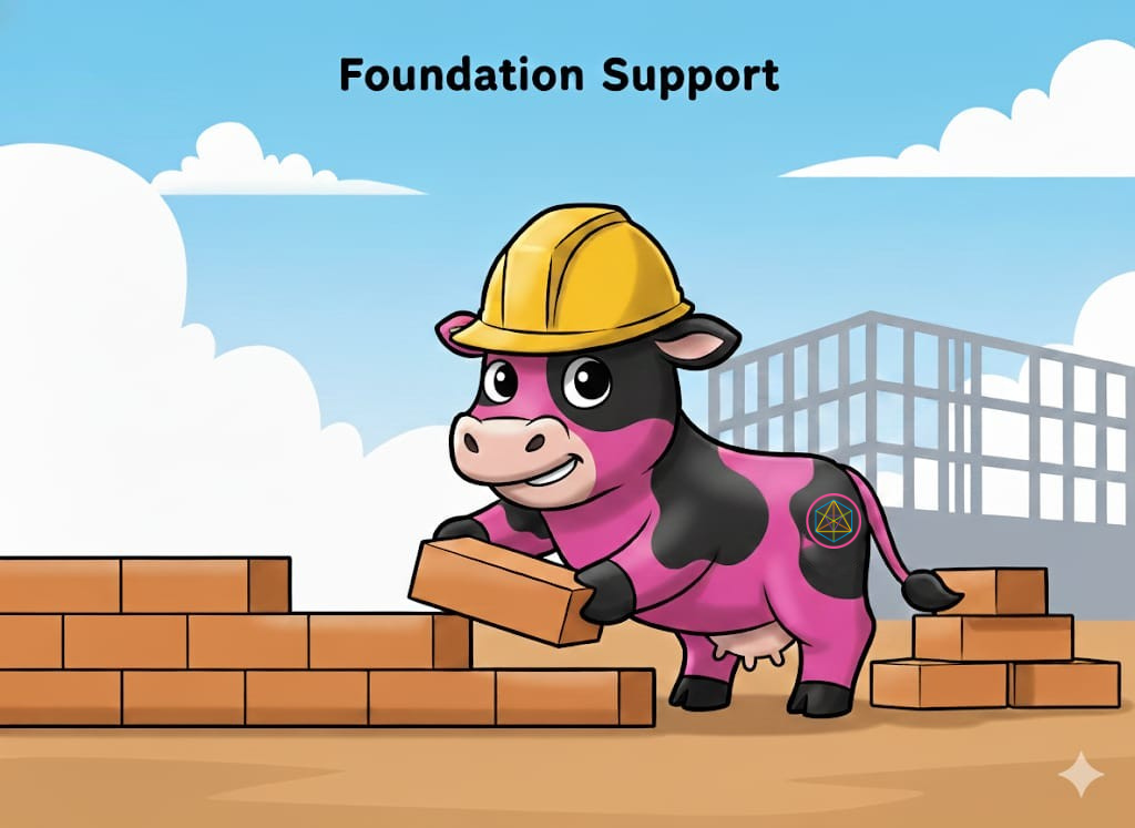 Pink cow in a yellow hard hat laying bricks, titled 