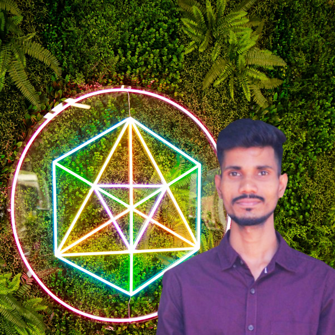 Man standing before a glowing neon geometric circle against lush green foliage