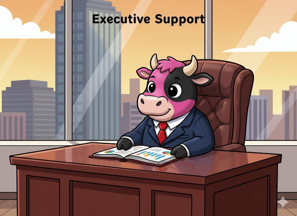 Cow in a suit at a desk labeled 