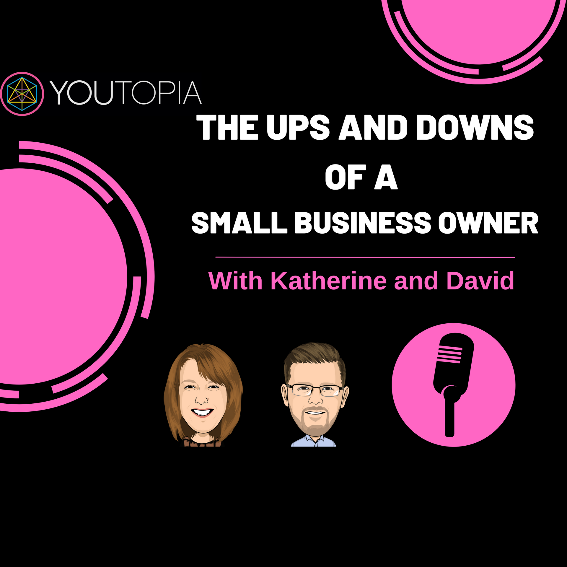Podcast graphic: Pink circles, black background. Title: 