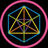Colorful geometric shape within a pink circle on a black background.