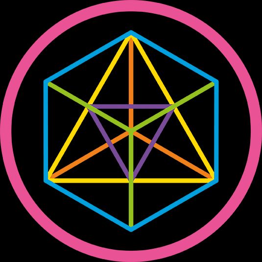 Youtopia Logo Geometric shape with a hexagon and triangles in various colors, within a pink circle.