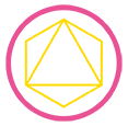Yellow geometric shapes inside a pink circle.
