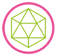 Green geometric shape inside a pink and white circle.