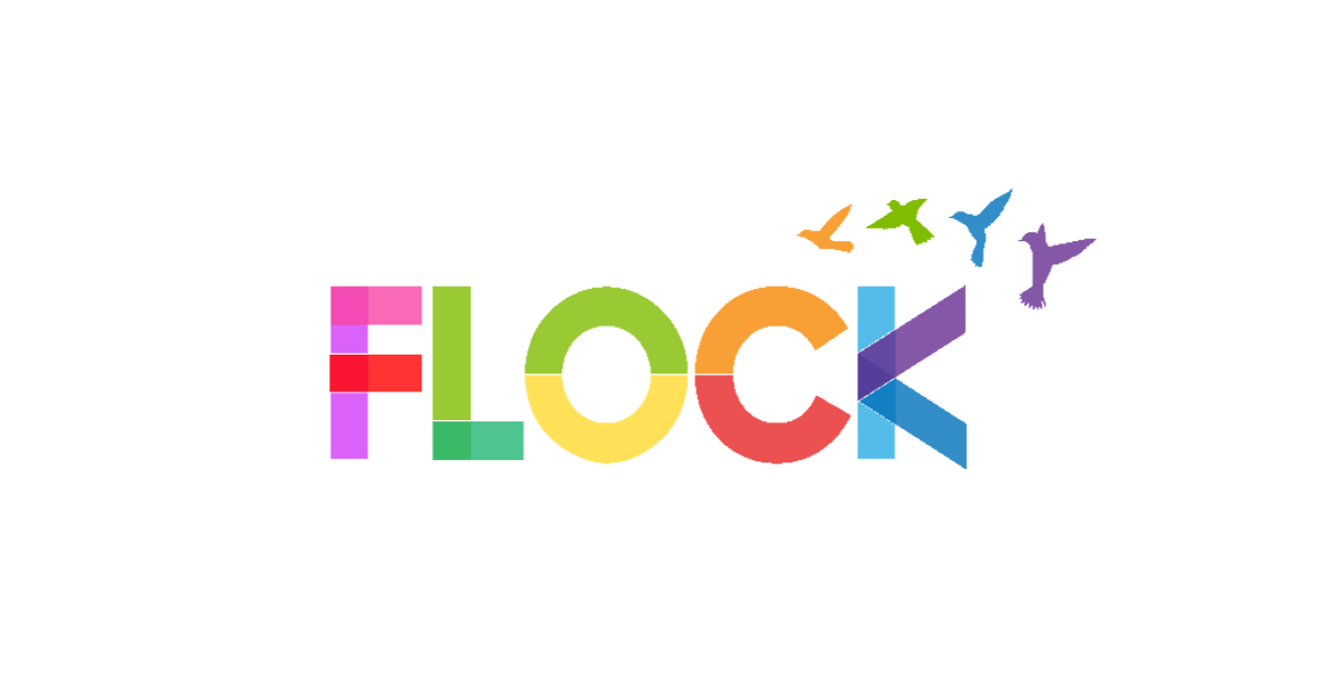 The word flock is written in colorful letters with birds flying around it.