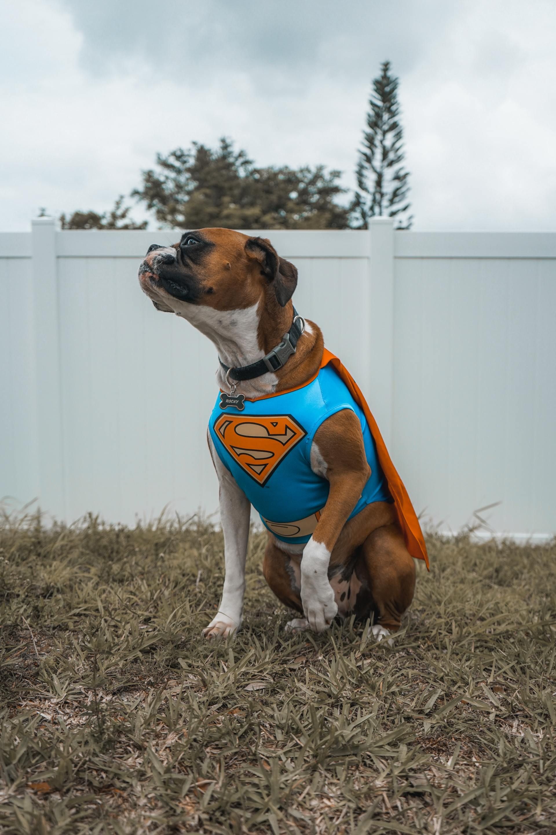 A dog is sitting in the grass wearing a superman costume.