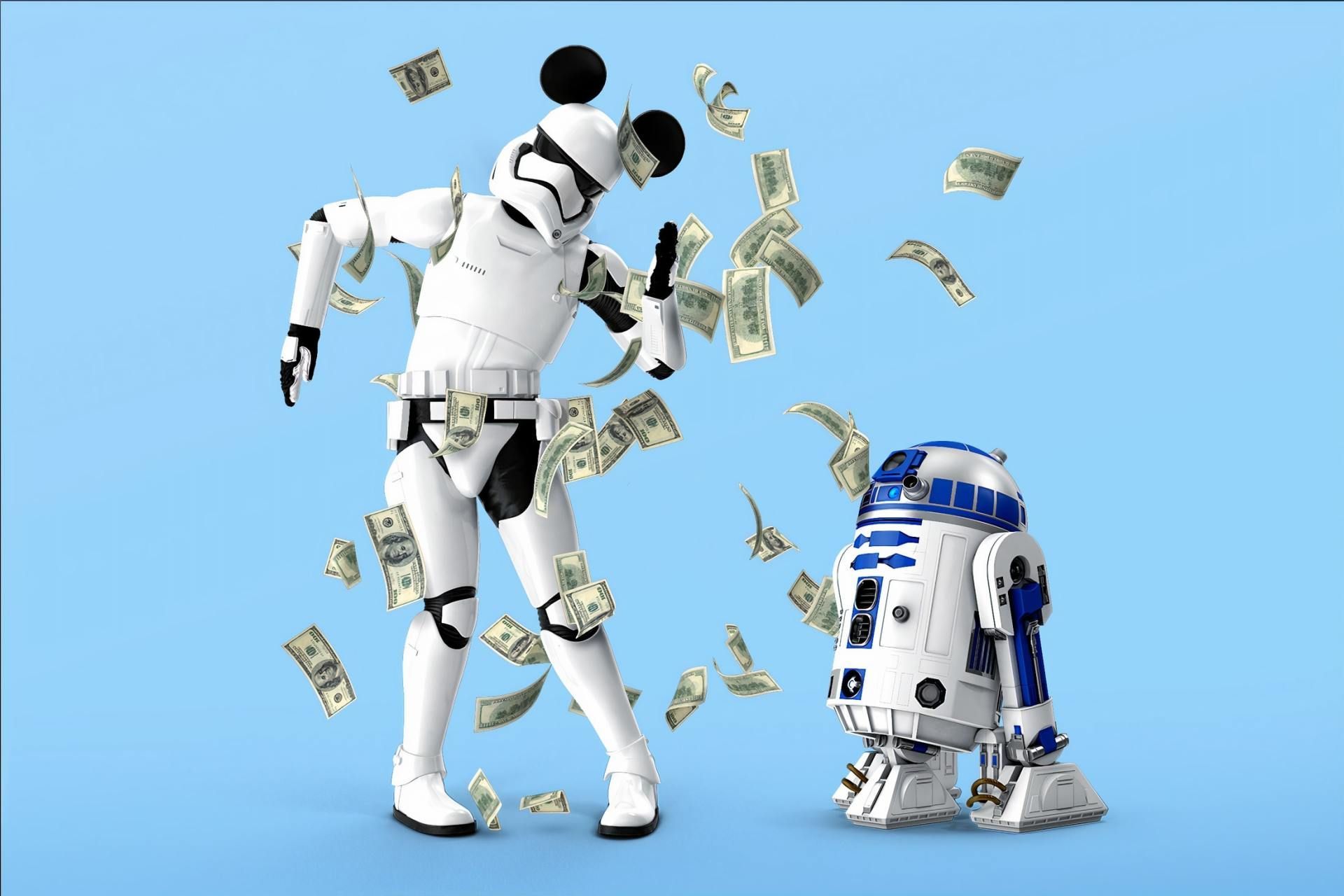 A storm trooper and a r2d2 robot are standing next to each other with money falling around them.