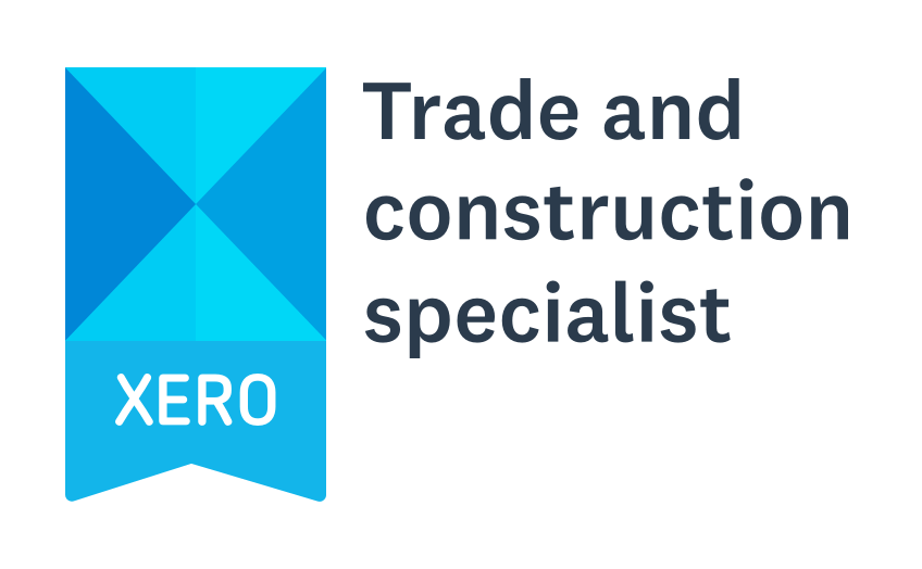 The logo for a trade and construction specialist is blue and white.