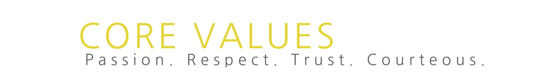 CORE VALUES banner with the words Passion, Respect, Trust, Courage.
